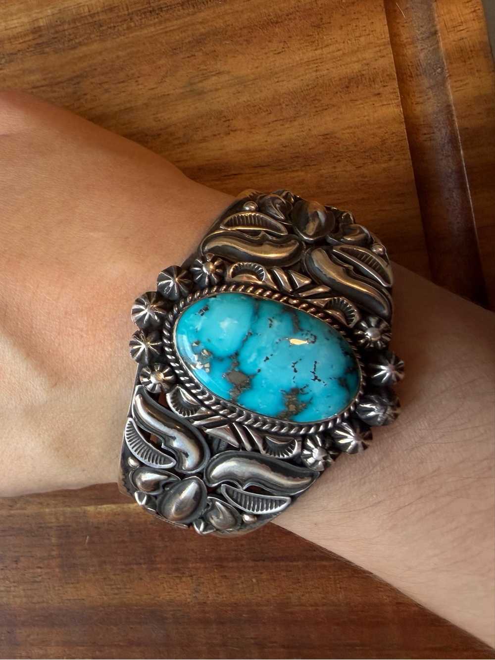 Navajo sterling silver Sonoran turquoise cuff bracelet